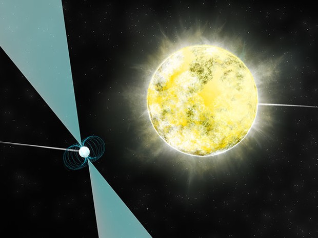  Concepção artística da anã branca em órbita com o pulsar PSR J2222-0137 (Foto:  B.Saxton/NRAO/AUI/NSF  )