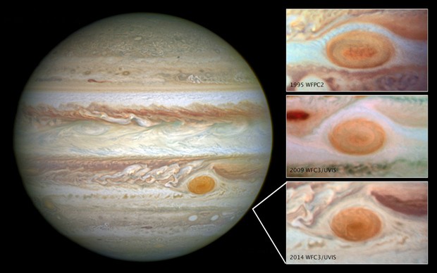 Imagens de Júpiter tiradas pelo telescópio Hubble mostram como diminuiu o tamanho da 'Grande Mancha Vermelha' do planeta  (Foto: NASA/ESA/Divulgação)