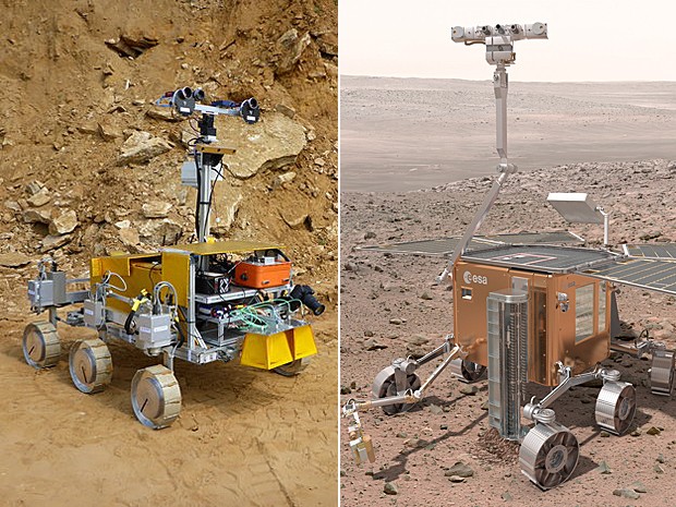 Robô Bridget e, ao lado, uma concepção artística de como ficará o ExoMars em Marte (Foto: ESA-Michel van Winnendael/ESA)