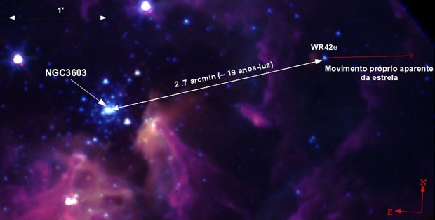 Localização da estrela WR42e e do aglomerado NGC 3603 (Foto: Alexandre Roman Lopes / Divulgação)