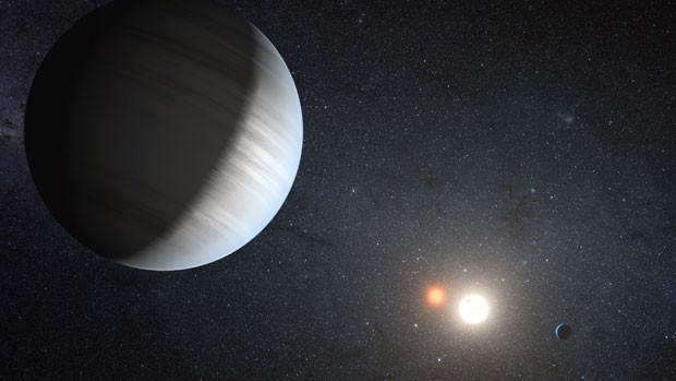 Ilustração do sistema visto das proximidades de um dos planetas (Foto: NASA/JPL-Caltech/T. Pyle)